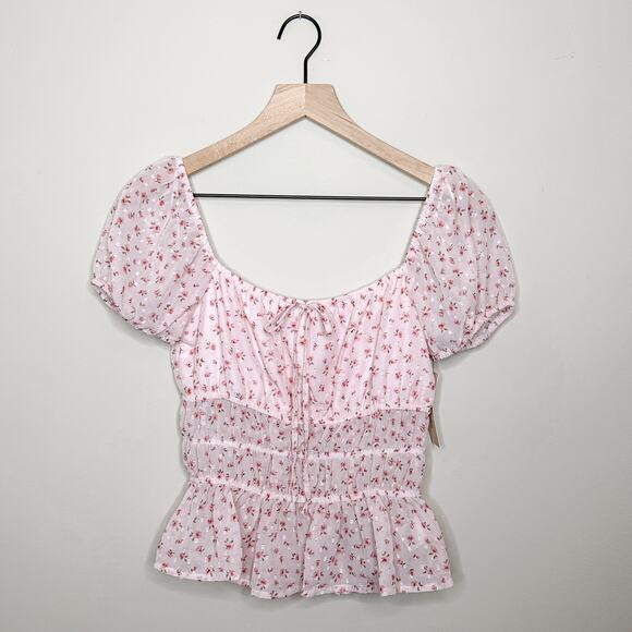 NWT Francesca's Mi Ami Pink Puff Sleeve Peplem Blouse - Picture 1 of 6